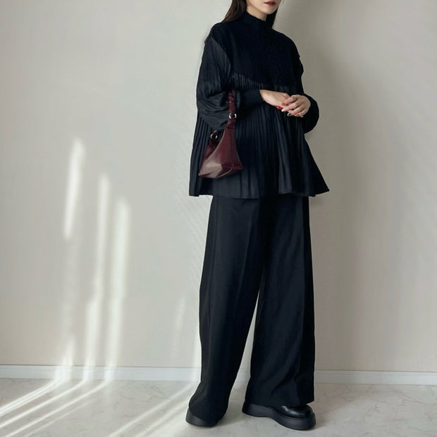 「超得！ブラックフライデー」異素材切り替え ニット レディース プリーツ デザイン トップス 長袖 立ち襟 ゆったり シルエット 上品 体型カバー 秋冬 新作 ID2141