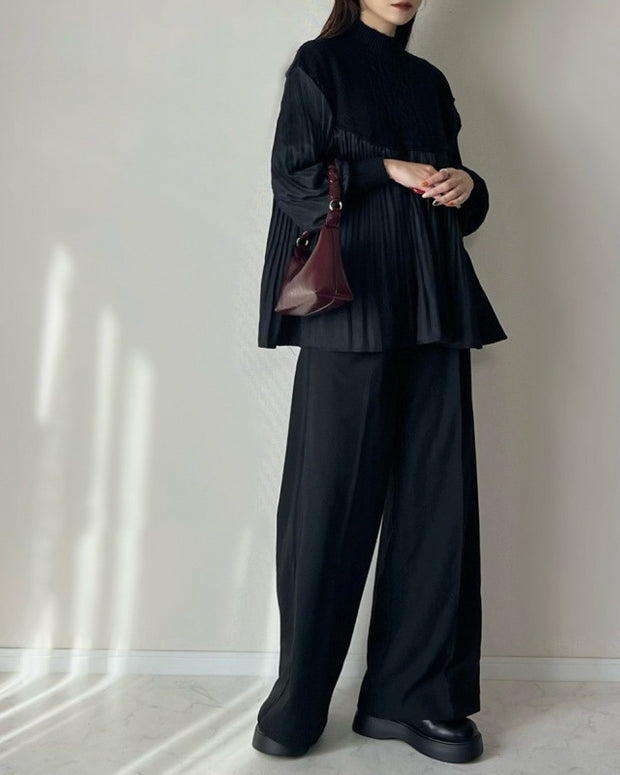 「超得！ブラックフライデー」異素材切り替え ニット レディース プリーツ デザイン トップス 長袖 立ち襟 ゆったり シルエット 上品 体型カバー 秋冬 新作 ID2141