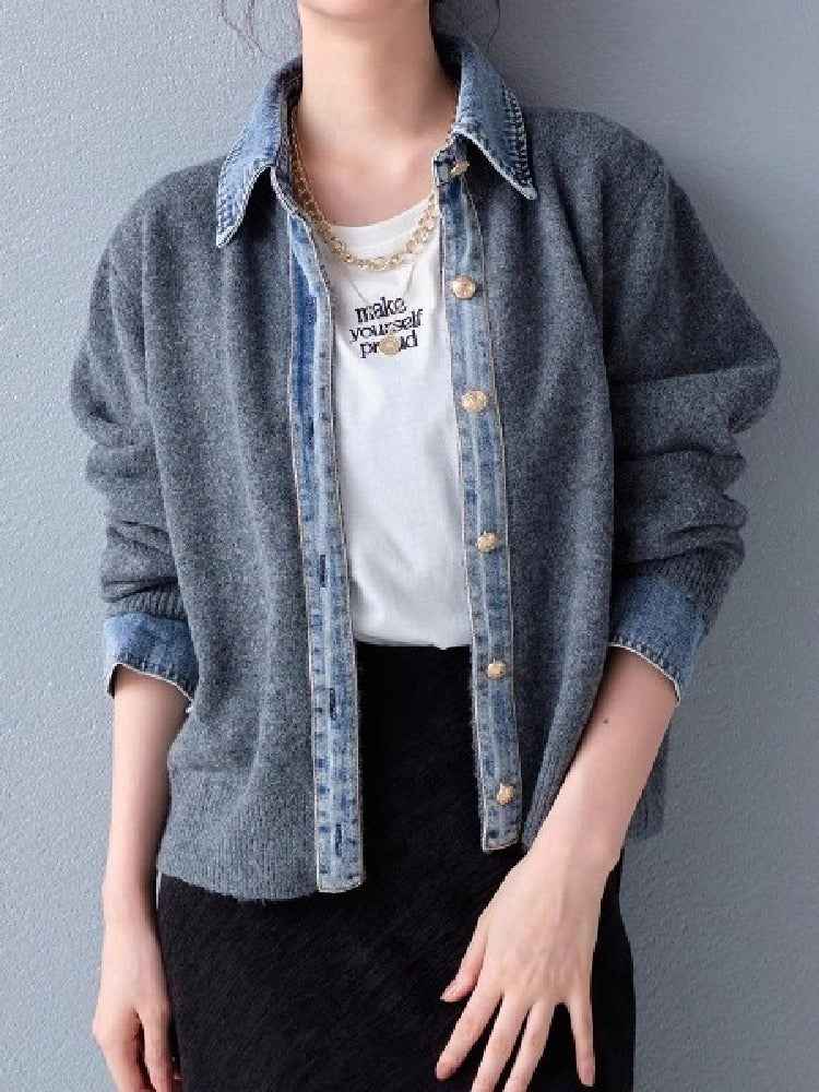 「大特価セール」3色展開 デニム切替 フェイク カーディガン レイヤード デニム襟  カーディガン 暖かい ファッション カジュアル 春 秋 冬 ID1793