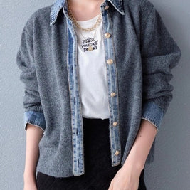 「大特価セール」3色展開 デニム切替 フェイク カーディガン レイヤード デニム襟  カーディガン 暖かい ファッション カジュアル 春 秋 冬 ID1793