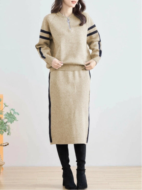 2色展開 配色 ニット セットアップ レディース 長袖 プルオーバー + タイトスカート 2点セット スリット入り きれいめ カジュアル 通勤 オフィス 秋冬 新作 人気 ID1871
