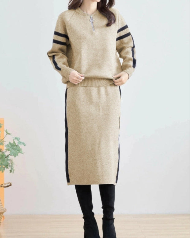 2色展開 配色 ニット セットアップ レディース 長袖 プルオーバー + タイトスカート 2点セット スリット入り きれいめ カジュアル 通勤 オフィス 秋冬 新作 人気 ID1871