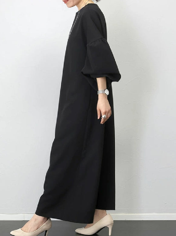 ワンピース レディース ロングワンピース 丸首 長袖 パフスリーブ ゆったり 体型カバー おしゃれ シンプル 通勤 通学 お出かけ デート ママコーデ 春秋 冬まで着回し可能 フォーマルにも対応 ID1631