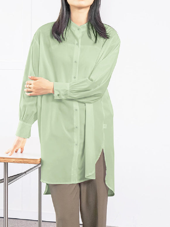 6色展開 スタンドカラー シャツ レディース 長袖 無地 ゆったり ロングシャツ 体型カバー シンプル カジュアル オフィス 通勤 羽織り 着回し 上品 トップス ID1772