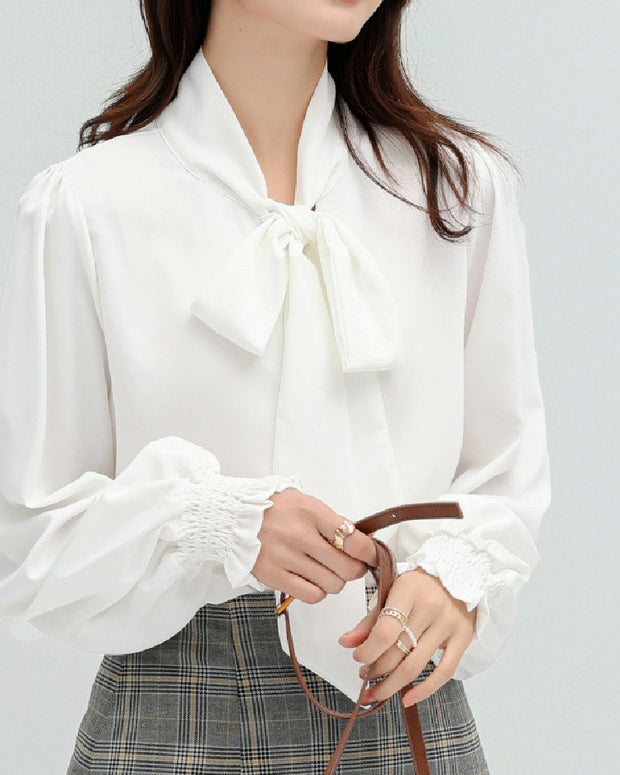 「好印象を叶える上品ブラウス」4色展開 リボンタイ ブラウス レディース 長袖 無地 バルーン袖 ゆったり 通勤 入園式 きれいめ ID1180