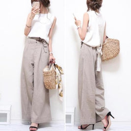 激安バーゲン！春の大放出セットアップ クルーネック ノースリーブ ウエストリボン付き ワイドパンツ 2点セット ゆったり おしゃれ レディース デイリーコーデ ID328