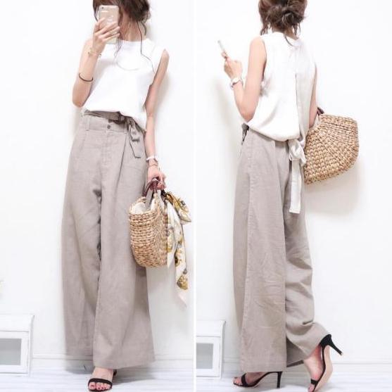 激安バーゲン！春の大放出セットアップ クルーネック ノースリーブ ウエストリボン付き ワイドパンツ 2点セット ゆったり おしゃれ レディース デイリーコーデ ID328
