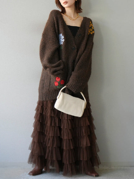 可単品販売！セットアップ 3色展開 Vネック 刺繍 カーディガン レディース ゆったり ニットアウター + チュールスカート 2点セット 体型カバー 秋冬新作 ID1843