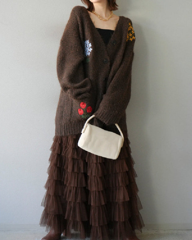 可単品販売！セットアップ 3色展開 Vネック 刺繍 カーディガン レディース ゆったり ニットアウター + チュールスカート 2点セット 体型カバー 秋冬新作 ID1843