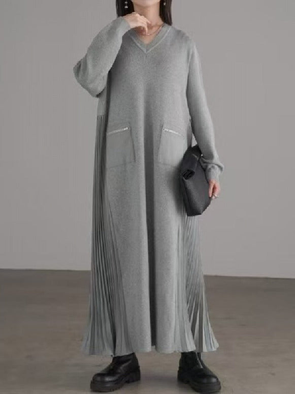 プリーツ ポケット ジップ デコレーション  長袖 ワンピース エレガント おしゃれ レディース トレンド フォーマル デイリー 上品 大人 女性 落ち着き 素材 シルエット  ID2002