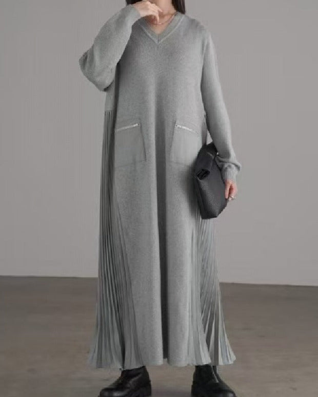 プリーツ ポケット ジップ デコレーション  長袖 ワンピース エレガント おしゃれ レディース トレンド フォーマル デイリー 上品 大人 女性 落ち着き 素材 シルエット  ID2002