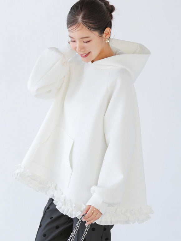 3色展開 フリル 裾 ラッフル パーカー レディース 裏起毛 ゆったり 長袖 スウェット トップス 体型カバー カジュアル 可愛い おしゃれ 秋冬 新作 人気 ID1869