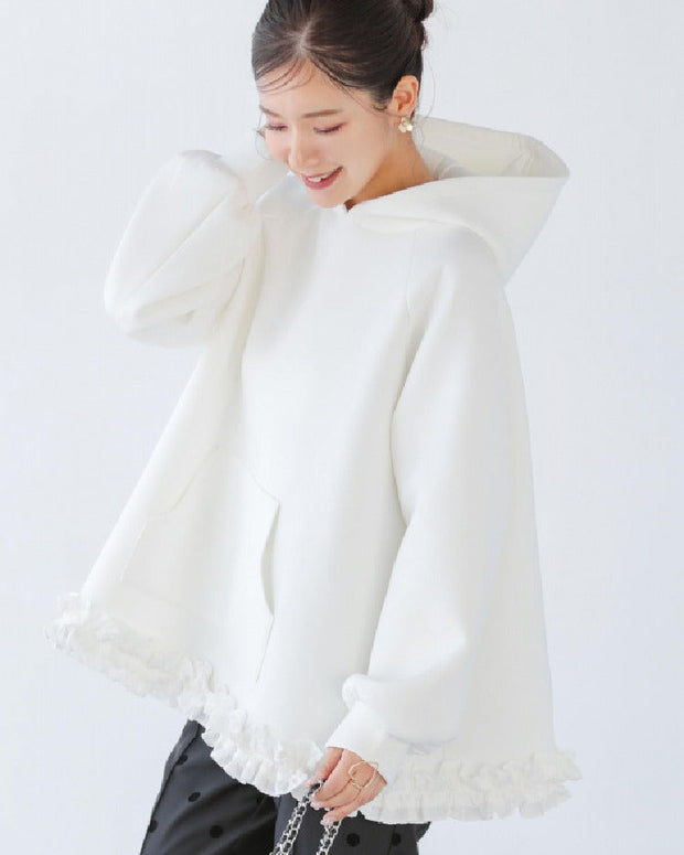 3色展開 フリル 裾 ラッフル パーカー レディース 裏起毛 ゆったり 長袖 スウェット トップス 体型カバー カジュアル 可愛い おしゃれ 秋冬 新作 人気 ID1869