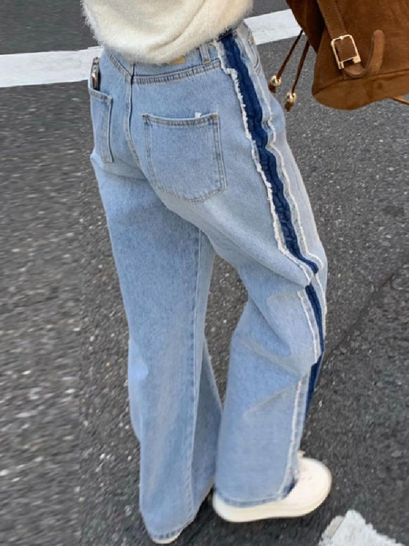 カジュアル デニムパンツ レディース 配色サイドライン ワイドシルエット 体型カバー おしゃれ デイリーコーデ ボトムス ID2268