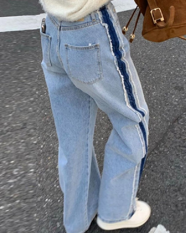 カジュアル デニムパンツ レディース 配色サイドライン ワイドシルエット 体型カバー おしゃれ デイリーコーデ ボトムス ID2268