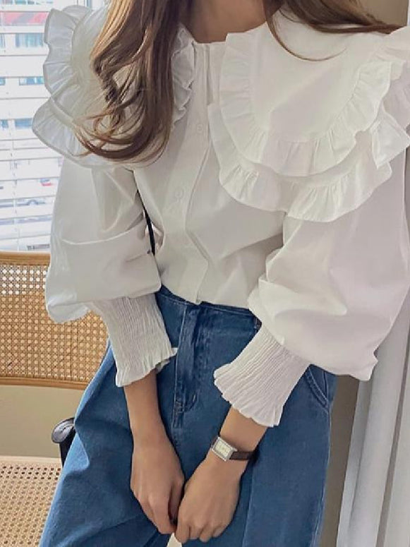 フリル襟 シャツ レディース 長袖 白シャツ ブラウス 可愛い 大きめカラー フェミニン 韓国風 トップス カジュアル 通勤 オフィスコーデ デートコーデ 学生 体型カバー フォーマル 春秋 上品 おしゃれ ID1673