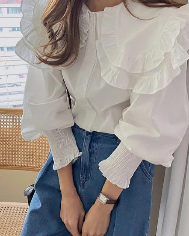 フリル襟 シャツ レディース 長袖 白シャツ ブラウス 可愛い 大きめカラー フェミニン 韓国風 トップス カジュアル 通勤 オフィスコーデ デートコーデ 学生 体型カバー フォーマル 春秋 上品 おしゃれ ID1673