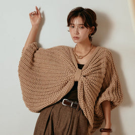 2WAY リボン モチーフ 畦編み ニット ポンチョ ケープ レディース フロントデザイン ゆったり 体型カバー おしゃれ 秋冬 新作 トップス ID2089