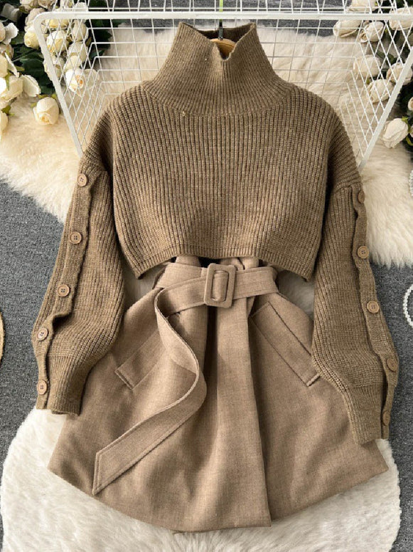 3色展開 レディース 2点セット ハイネック ニット セーター + ジャンパースカート ワンピース おしゃれ 重ね着風 通勤 デート 体型カバー 秋冬 ID1519