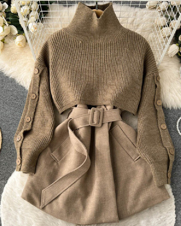 3色展開 レディース 2点セット ハイネック ニット セーター + ジャンパースカート ワンピース おしゃれ 重ね着風 通勤 デート 体型カバー 秋冬 ID1519