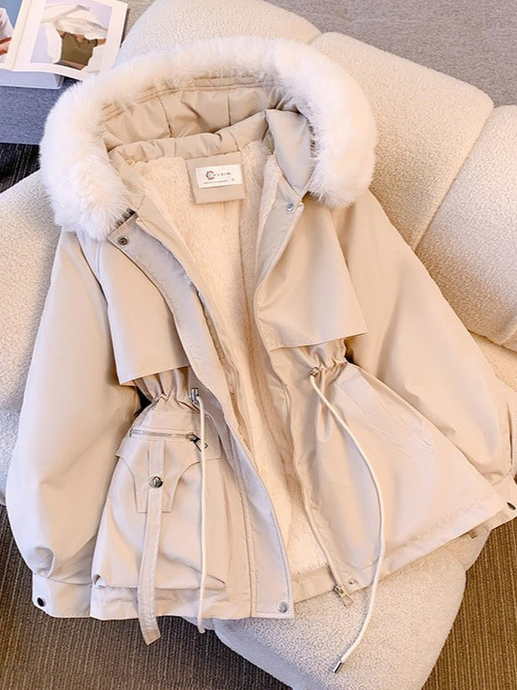 ふわふわファー フード付き 中綿ジャケット 加厚 裏起毛 暖かい ウエスト調整 可愛い アウター 冬コーデ レディース ID2286