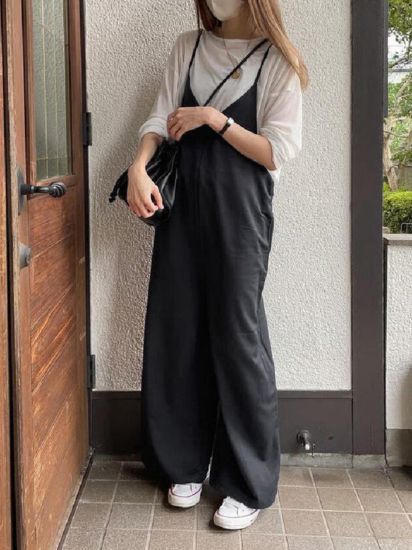 サロペット レディース Vネック ワイドパンツ オールインワン キャミソール ロングパンツ ゆったり 体型カバー カジュアル おしゃれ 無地 楽ちん 夏 秋 春 トップス 重ね着風 ID1778