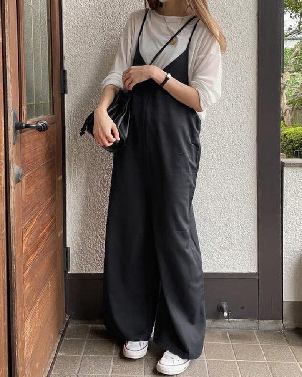 サロペット レディース Vネック ワイドパンツ オールインワン キャミソール ロングパンツ ゆったり 体型カバー カジュアル おしゃれ 無地 楽ちん 夏 秋 春 トップス 重ね着風 ID1778