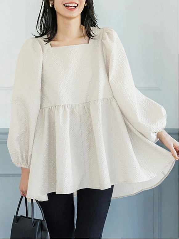 スクエアネック ブラウス レディース 長袖 バルーンスリーブ ギャザー入り シワ加工 ゆったり シンプル 無地 シャツブラウス カジュアル フェミニン 大人可愛い ナチュラル オフィス 体型カバー 着回し トップス ベーシック おしゃれ 上品 秋春 定番 ファッション ID1607