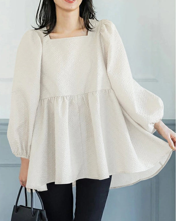 スクエアネック ブラウス レディース 長袖 バルーンスリーブ ギャザー入り シワ加工 ゆったり シンプル 無地 シャツブラウス カジュアル フェミニン 大人可愛い ナチュラル オフィス 体型カバー 着回し トップス ベーシック おしゃれ 上品 秋春 定番 ファッション ID1607