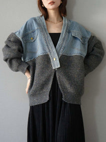 異素材切り替え デニム カーディガン レディース ニット×デニム ジャケット風 ゆったり ショート丈 Vネック 長袖 おしゃれ カジュアル 体型カバー 秋冬 人気 新作 ID1858
