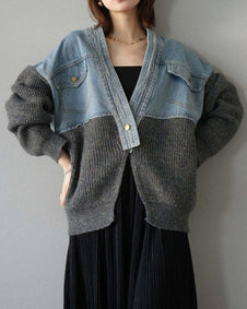 異素材切り替え デニム カーディガン レディース ニット×デニム ジャケット風 ゆったり ショート丈 Vネック 長袖 おしゃれ カジュアル 体型カバー 秋冬 人気 新作 ID1858