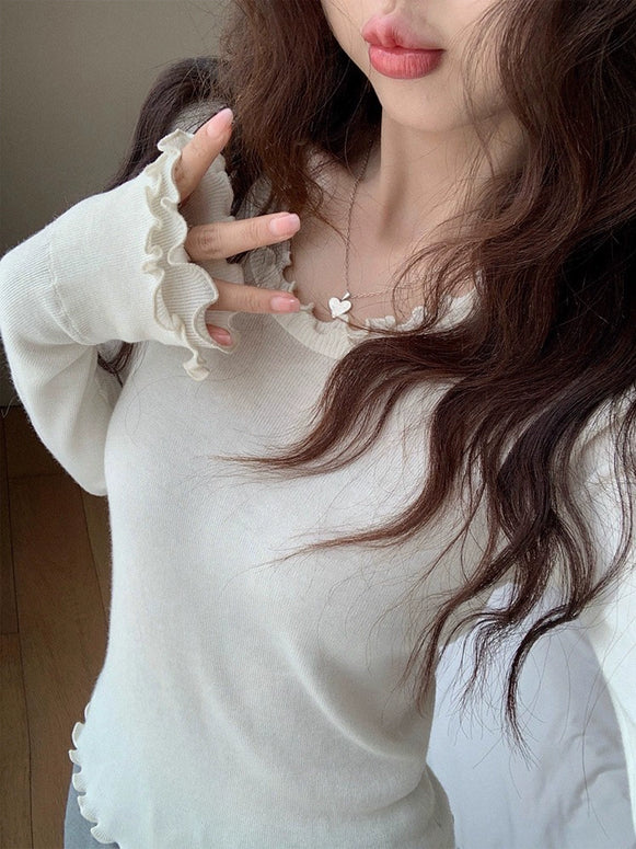 フリルネック 可愛い ニットインナー レディース 長袖 伸縮性 良い シンプル 着回し やわらかい ベーシック トップス 秋冬 ID2274