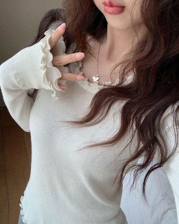 フリルネック 可愛い ニットインナー レディース 長袖 伸縮性 良い シンプル 着回し やわらかい ベーシック トップス 秋冬 ID2274