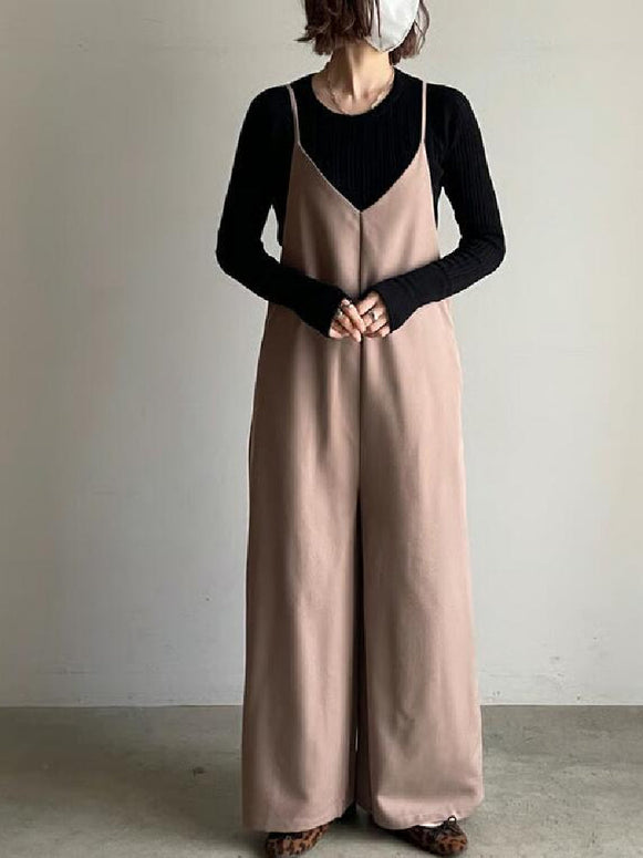 サロペット レディース Vネック ワイドパンツ オールインワン キャミソール ロングパンツ ゆったり 体型カバー カジュアル おしゃれ 無地 楽ちん 夏 秋 春 トップス 重ね着風 ID1778