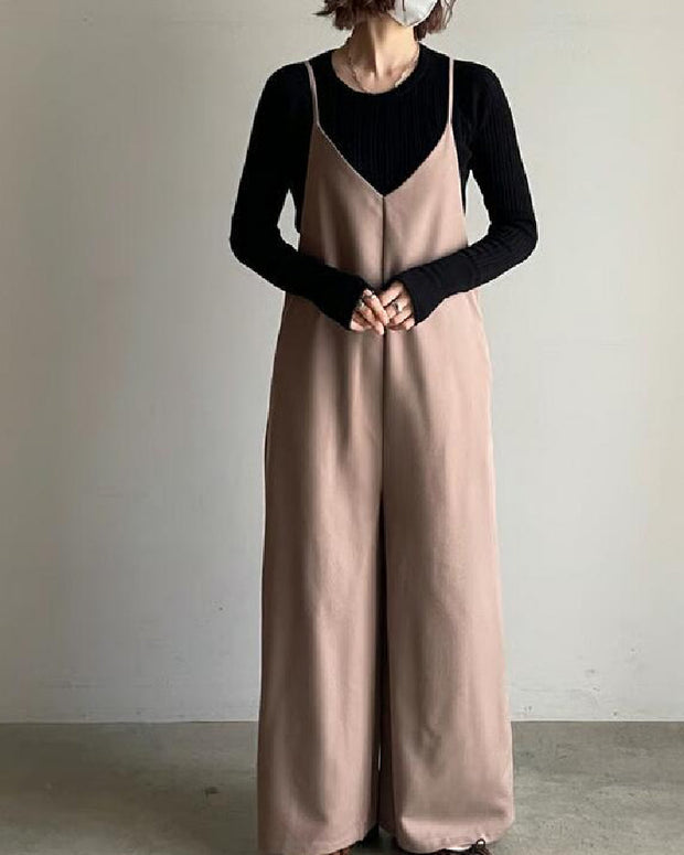 サロペット レディース Vネック ワイドパンツ オールインワン キャミソール ロングパンツ ゆったり 体型カバー カジュアル おしゃれ 無地 楽ちん 夏 秋 春 トップス 重ね着風 ID1778