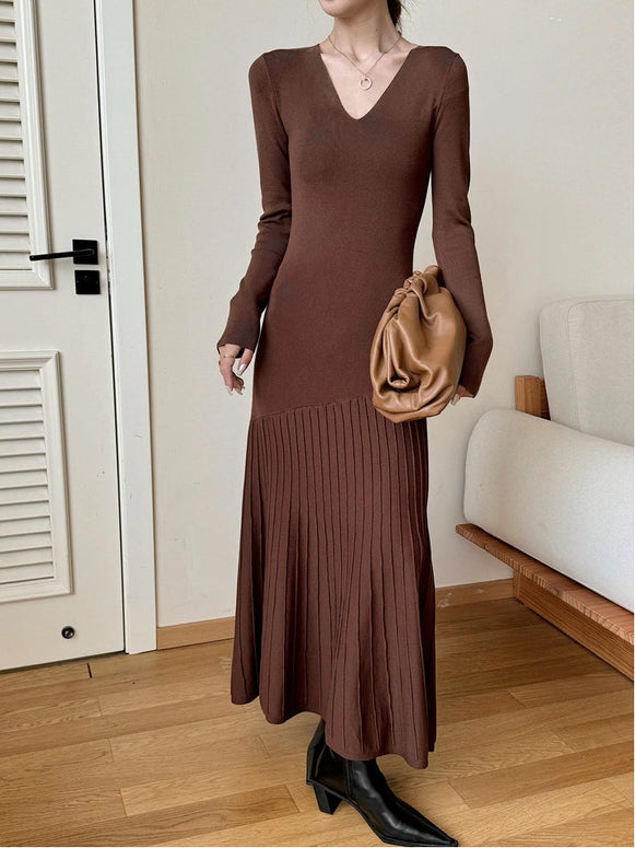 4色展開 ニットワンピース レディース 長袖 Vネック ロング丈 エレガント スリムシルエット 秋冬 通勤 デート インナーにも最適 ID1448