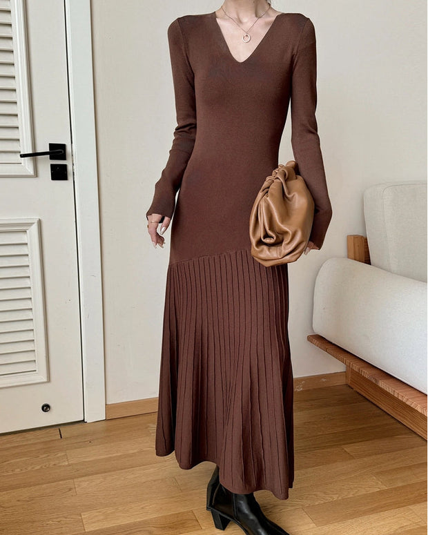 4色展開 ニットワンピース レディース 長袖 Vネック ロング丈 エレガント スリムシルエット 秋冬 通勤 デート インナーにも最適 ID1448