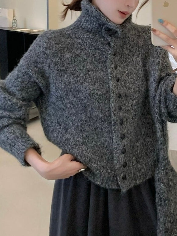 ハイネック ニットカーディガン レディース 長袖 ショート丈 無地 ボタン付き ゆったり きれいめ シンプル 大人カジュアル 秋冬 新作 ID2166