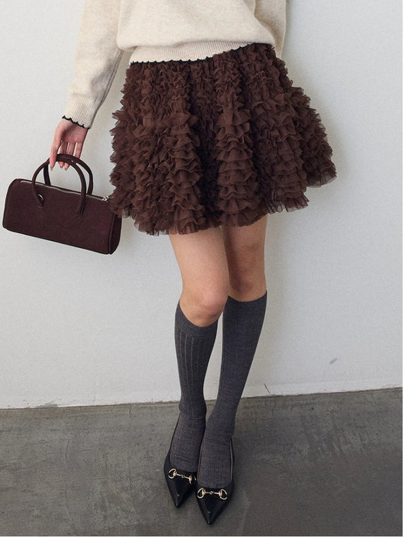 フリル チュールスカート ミニ丈 レディース ふわふわ ボリューム ショートスカート ウエストゴム 体型カバー 可愛い 大人ガーリー 韓国風 デートコーデ 秋冬 お出かけ トレンド ボトムス ID2221