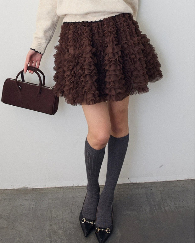 フリル チュールスカート ミニ丈 レディース ふわふわ ボリューム ショートスカート ウエストゴム 体型カバー 可愛い 大人ガーリー 韓国風 デートコーデ 秋冬 お出かけ トレンド ボトムス ID2221