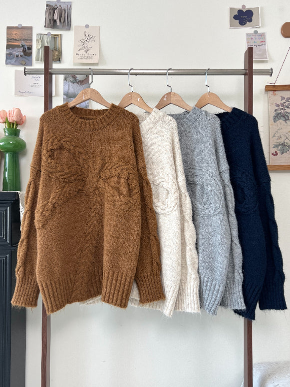 4色展開 厚手 ケーブルニット セーター レディース ゆったり かわいい 編み模様 デザインニット 体型カバー 暖かい 秋冬コーデ シンプル カジュアル 大人女子 デイリーに使える ふわもこ ニットトップス ID2319