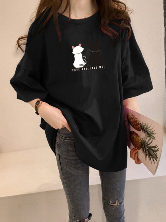 【264】10色展開 ネコプリント 半袖Tシャツ レディース オーバーサイズ 中長丈 ラウンドネック ゆったり 体型カバー 2025夏新作 韓国風カジュアルトップス