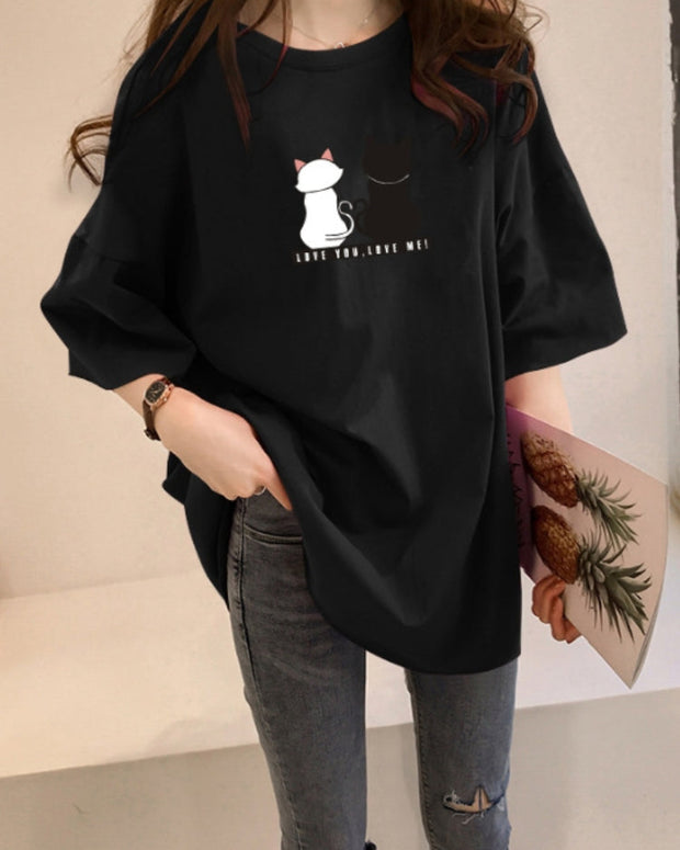 【264】10色展開 ネコプリント 半袖Tシャツ レディース オーバーサイズ 中長丈 ラウンドネック ゆったり 体型カバー 2025夏新作 韓国風カジュアルトップス