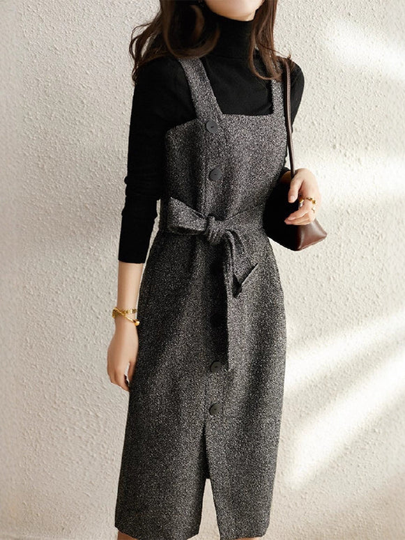 ジャンパースカート レディース 秋冬 ノースリーブ ワンピース ベルト付き スリット入り ミモレ丈 ウール風 重ね着風 レイヤードコーデ きれいめ 通勤 通学 オフィスカジュアル おしゃれ 上品 人気 ID1733