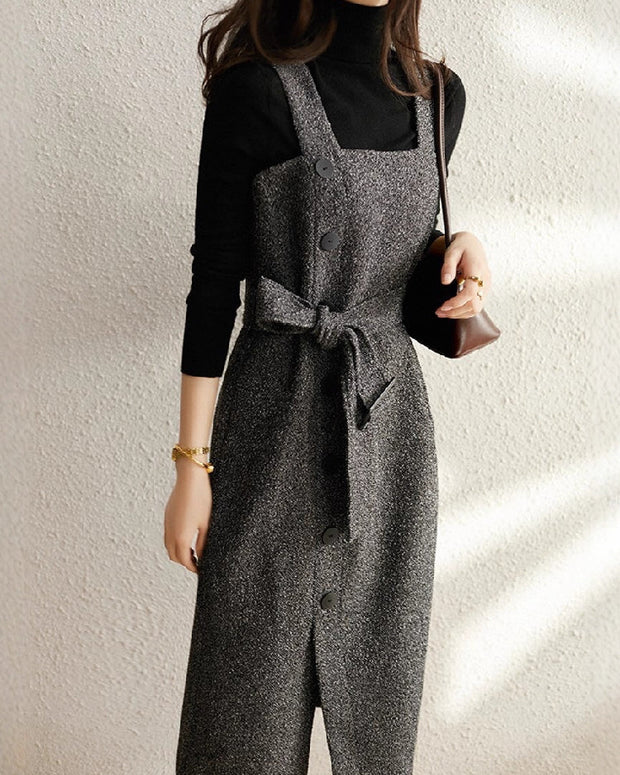 ジャンパースカート レディース 秋冬 ノースリーブ ワンピース ベルト付き スリット入り ミモレ丈 ウール風 重ね着風 レイヤードコーデ きれいめ 通勤 通学 オフィスカジュアル おしゃれ 上品 人気 ID1733