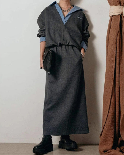 スカート 2点セット ネットレッド  レディース フェイクツー トップス ロングセットアップ おしゃれ トレンド カジュアル デイリー  シルエット 大人 女性 上品 ID2005