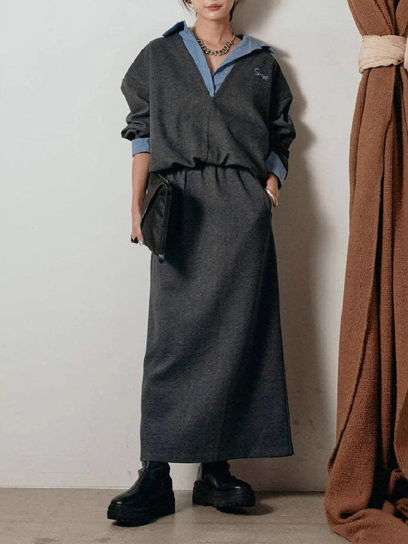 スカート 2点セット ネットレッド  レディース フェイクツー トップス ロングセットアップ おしゃれ トレンド カジュアル デイリー  シルエット 大人 女性 上品 ID2005