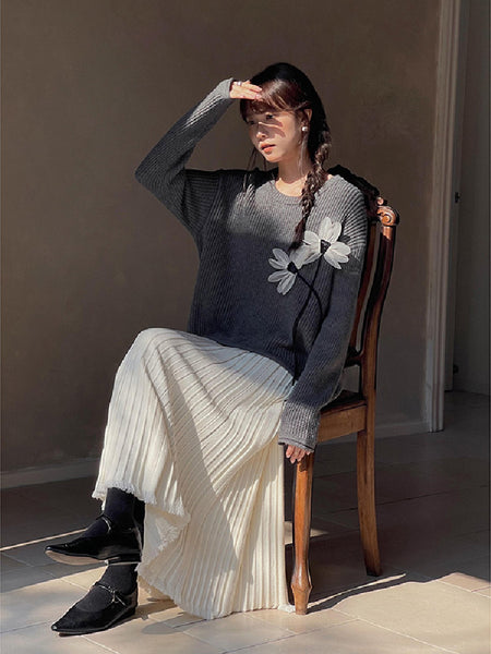 ニット プリーツ スカート レディース 体型カバー ウエストゴム ロング丈 フリンジ裾 ゆったり 上品 大人可愛い 秋冬 ボトムス 通勤 コーデ ID2281