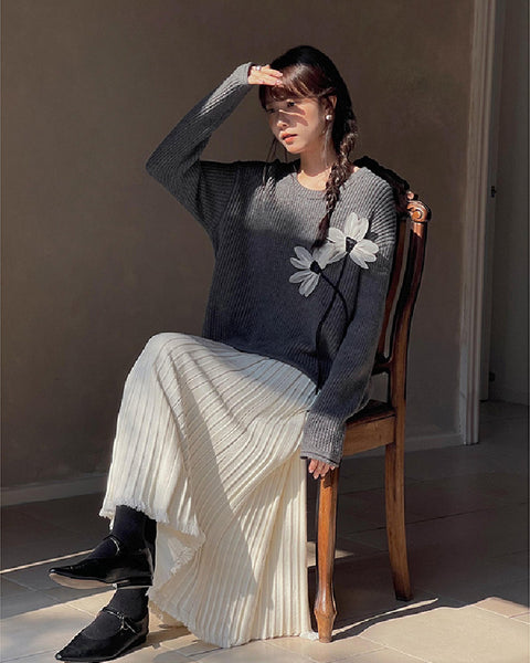 ニット プリーツ スカート レディース 体型カバー ウエストゴム ロング丈 フリンジ裾 ゆったり 上品 大人可愛い 秋冬 ボトムス 通勤 コーデ ID2281