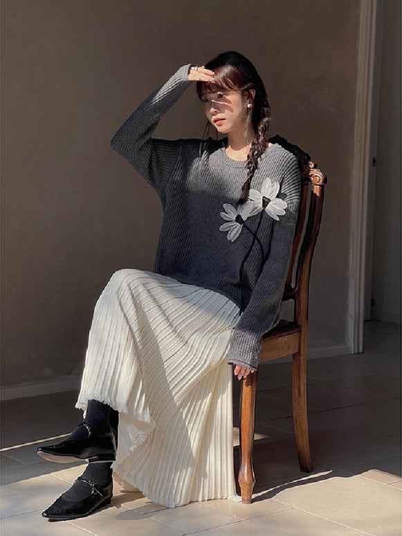 ニット プリーツ スカート レディース 体型カバー ウエストゴム ロング丈 フリンジ裾 ゆったり 上品 大人可愛い 秋冬 ボトムス 通勤 コーデ ID2281